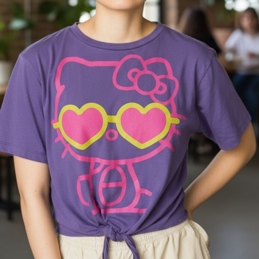 Sanrio Y2k Purple Hello Kitty Women's Crop T Shirt Tie Front Size‎ L